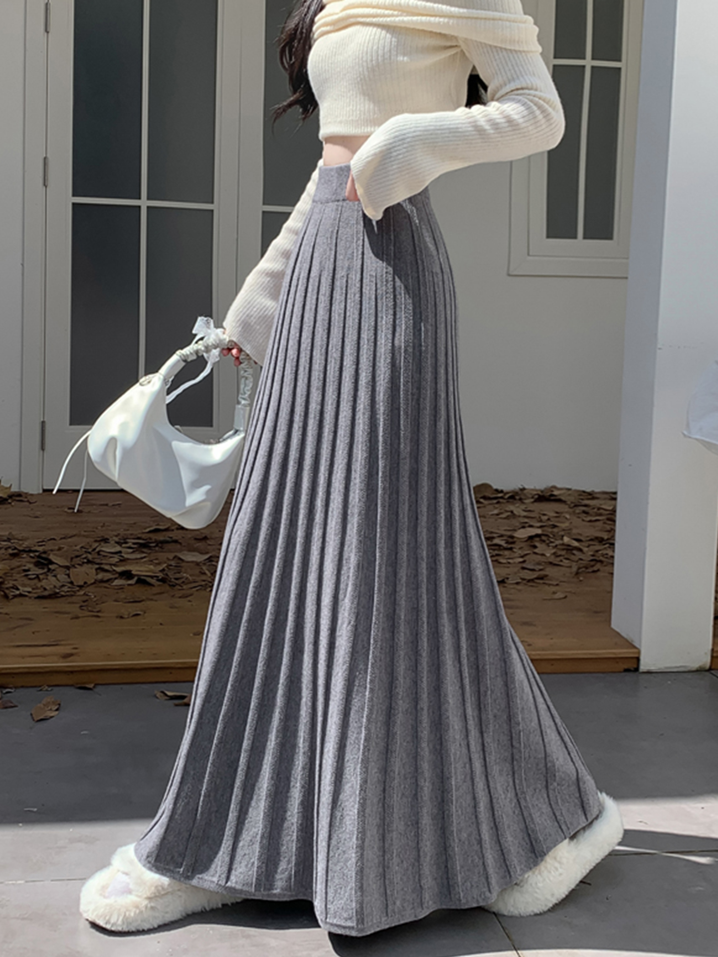 A-Line Skirt Midi - Emily Clud Recommended Knitted Pleated High