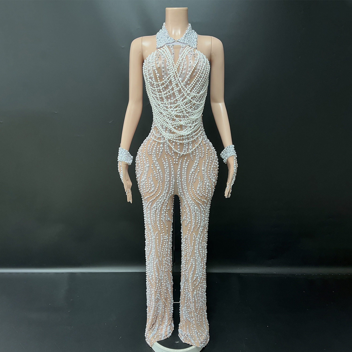 Women'S Fashion Gloves - Elegant Luxury Beaded Rhinestone Jumpsuit -