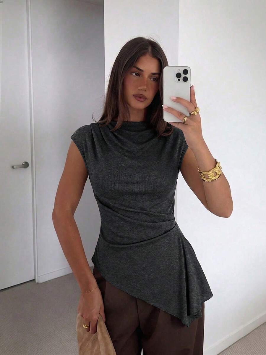 Women Solid Color Pleated Asym - Asymmetric Top Women avis et prix