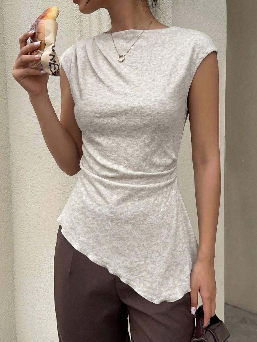 Beige Asymmetrical Hem Short S - Asymmetric Top Women avis et prix