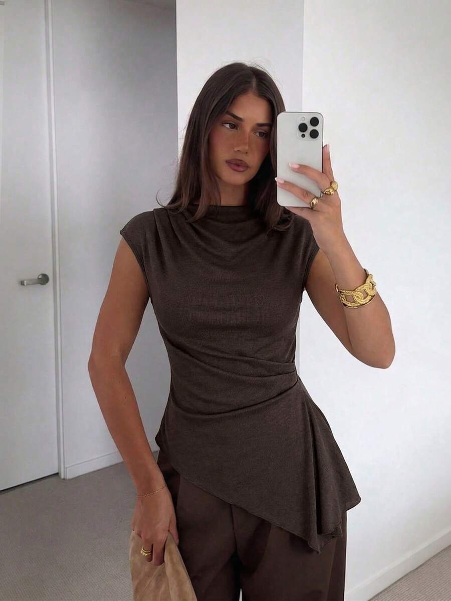 Beige Asymmetrical Hem Short S - Asymmetric Top Women avis et prix