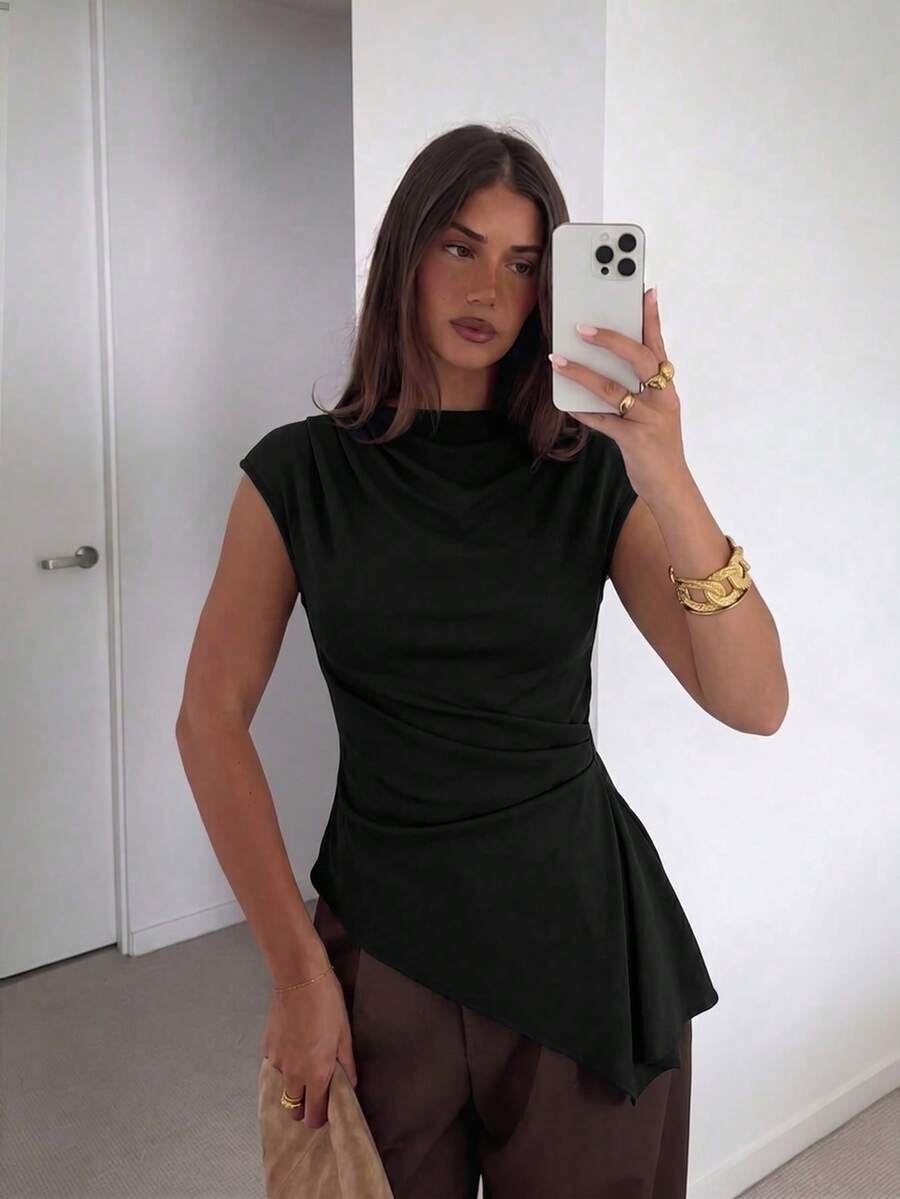 Beige Asymmetrical Hem Short S - Asymmetric Top Women avis et prix