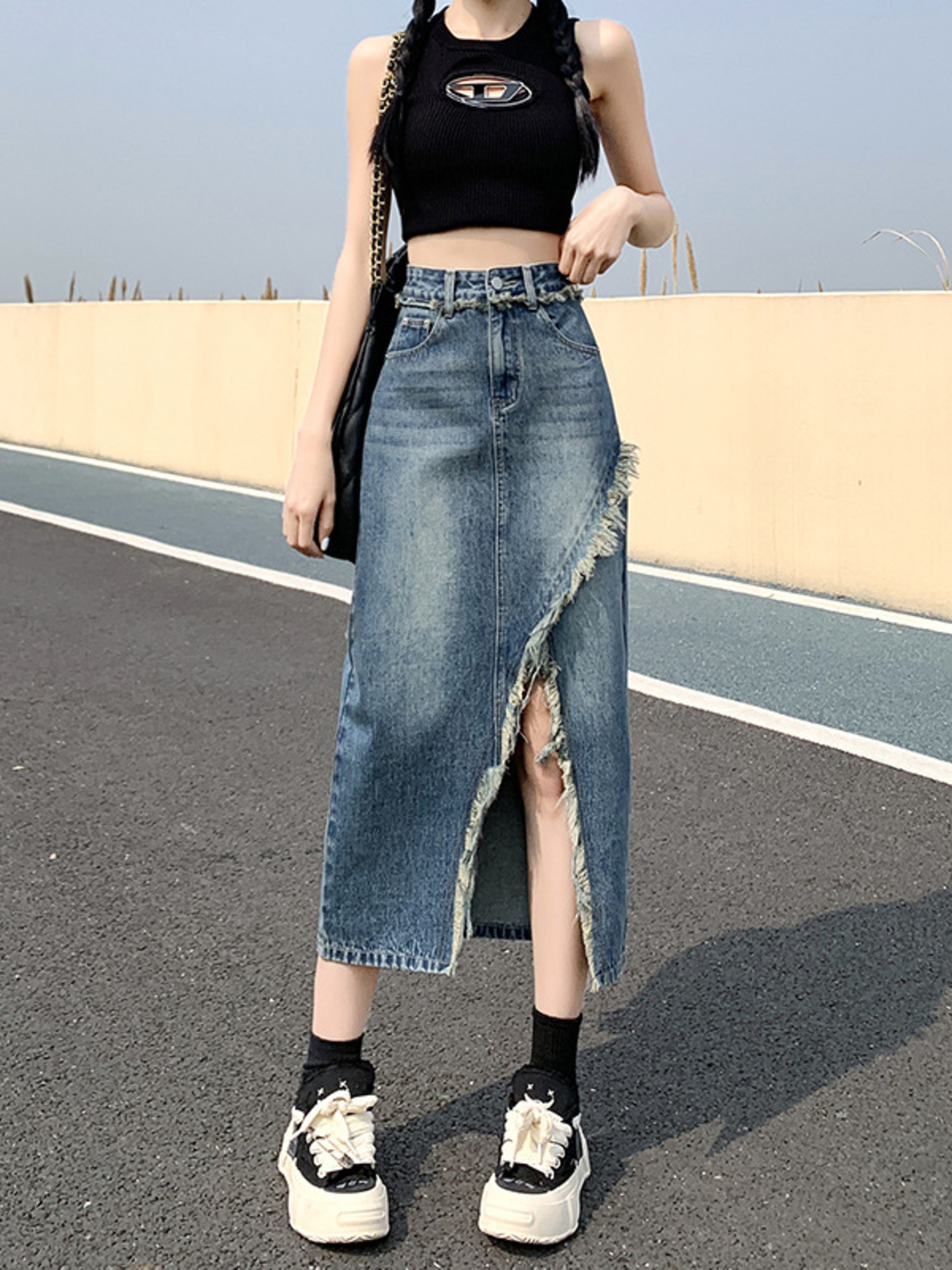 Women's High Waist Denim Skirt - A-Line Skirt Midi avis et prix