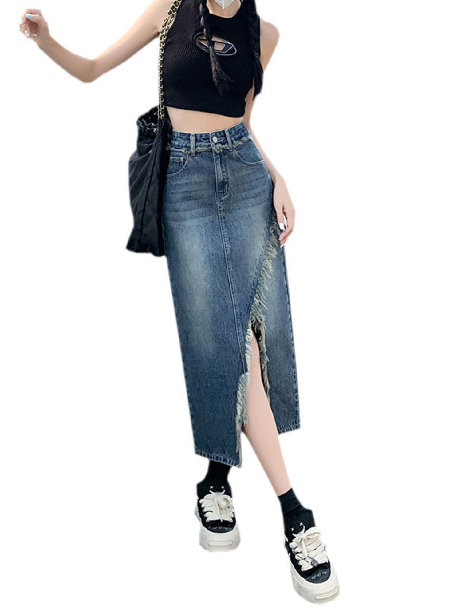 Women's High Waist Denim Skirt - A-Line Skirt Midi avis et prix