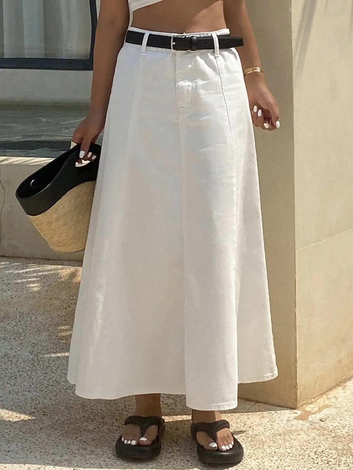 White A-Line Denim Midi Skirt  - A-Line Skirt Midi avis et prix