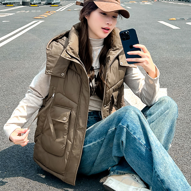 2025 Big Pocket Loose Hooded V - Puffer Vest Fashion Women avis et prix