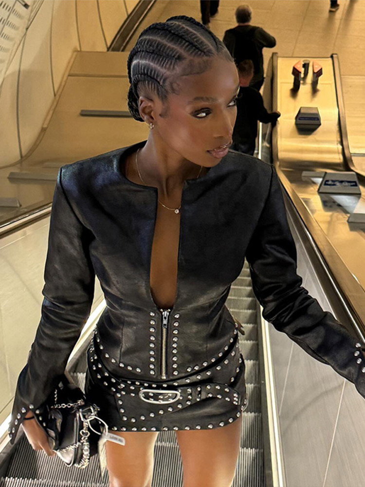 Y2k Leather Skirt Set Women Ri - Belted Shirt Dress avis et prix