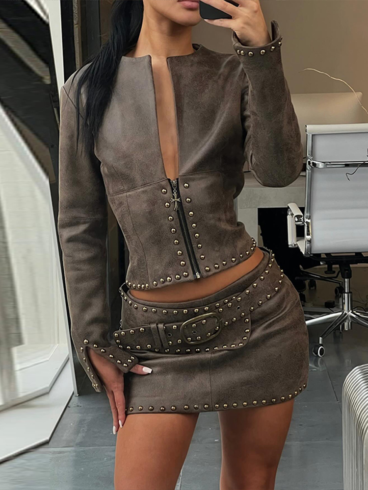 Y2k Leather Skirt Set Women Ri - Belted Shirt Dress avis et prix