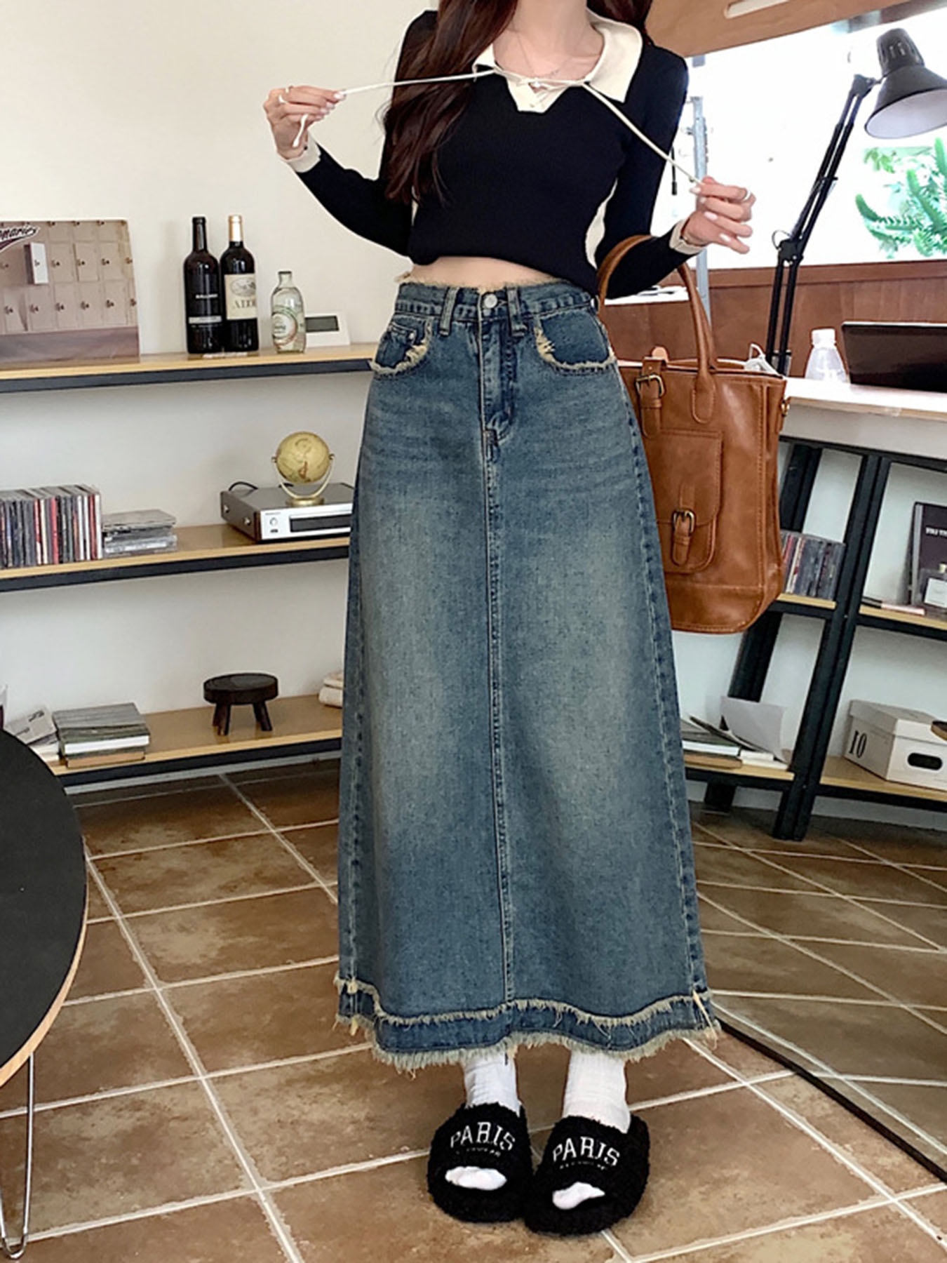 Vintage Frayed Edge High-Waist - A-Line Skirt Midi avis et prix