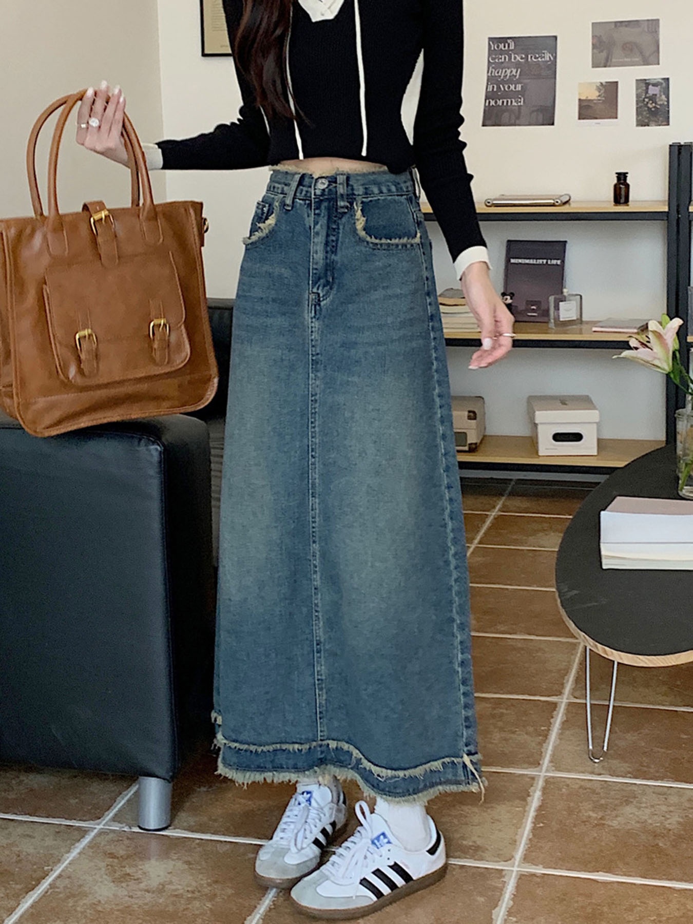 Vintage Frayed Edge High-Waist - A-Line Skirt Midi avis et prix