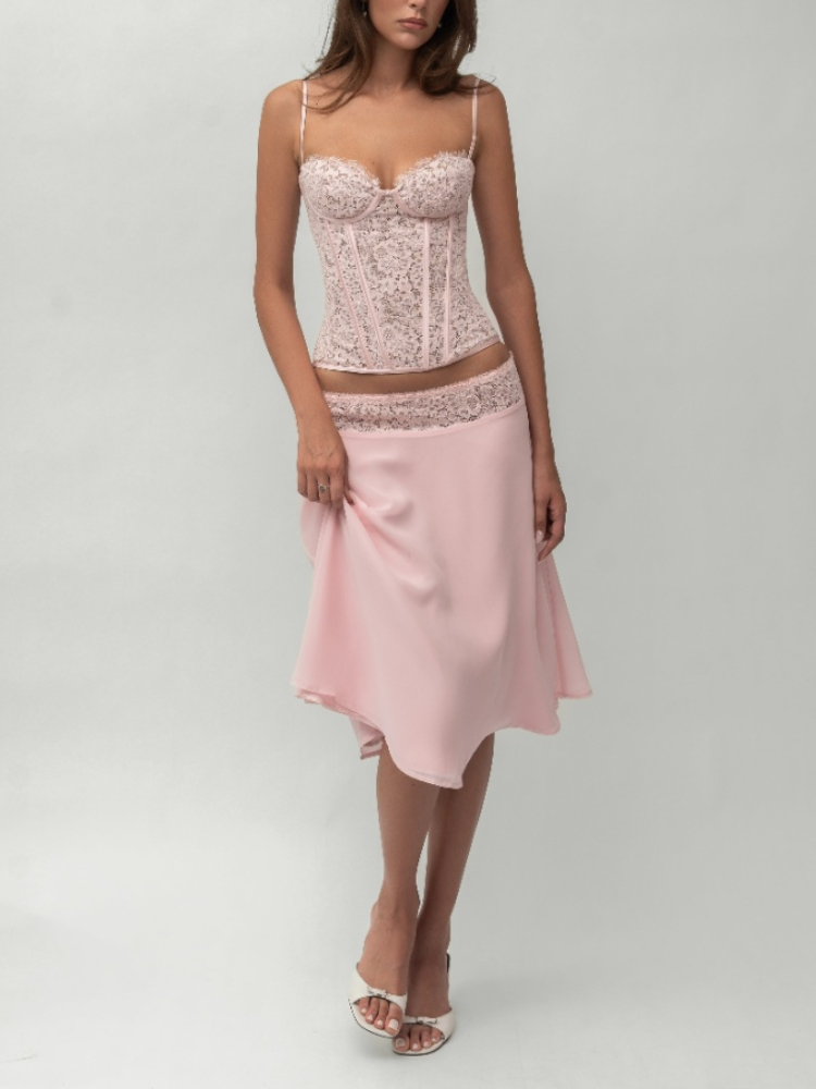 Chic Pink Lace Corset Two-Piec - Asymmetric Top Women avis et prix