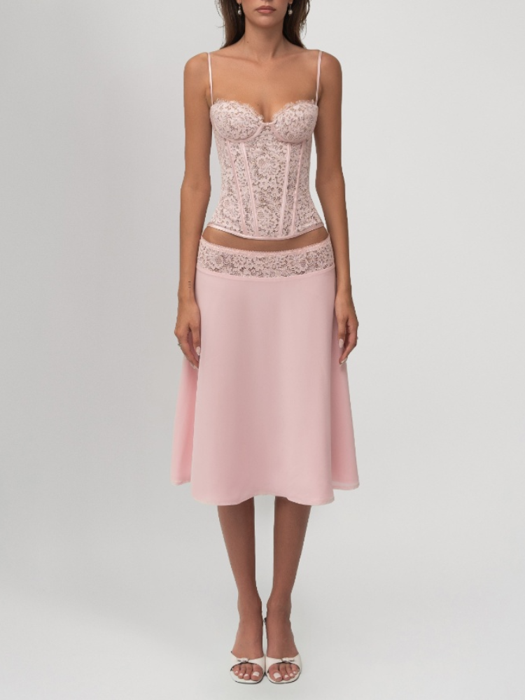 Chic Pink Lace Corset Two-Piec - Asymmetric Top Women avis et prix
