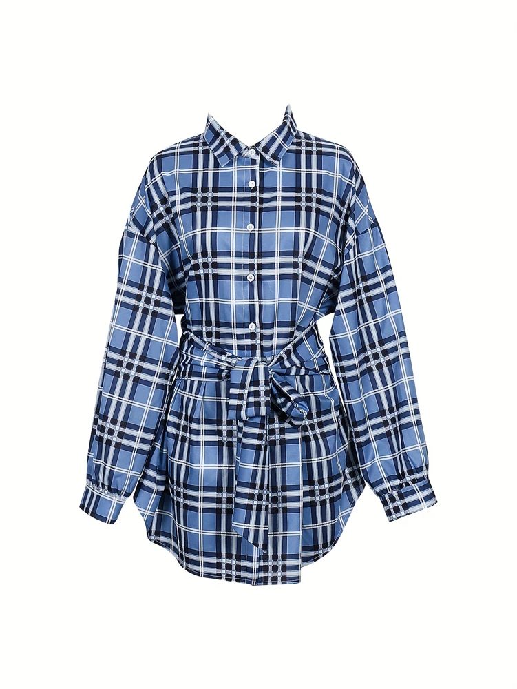 Women Plaid Shirt Dress Elasti - Belted Shirt Dress avis et prix